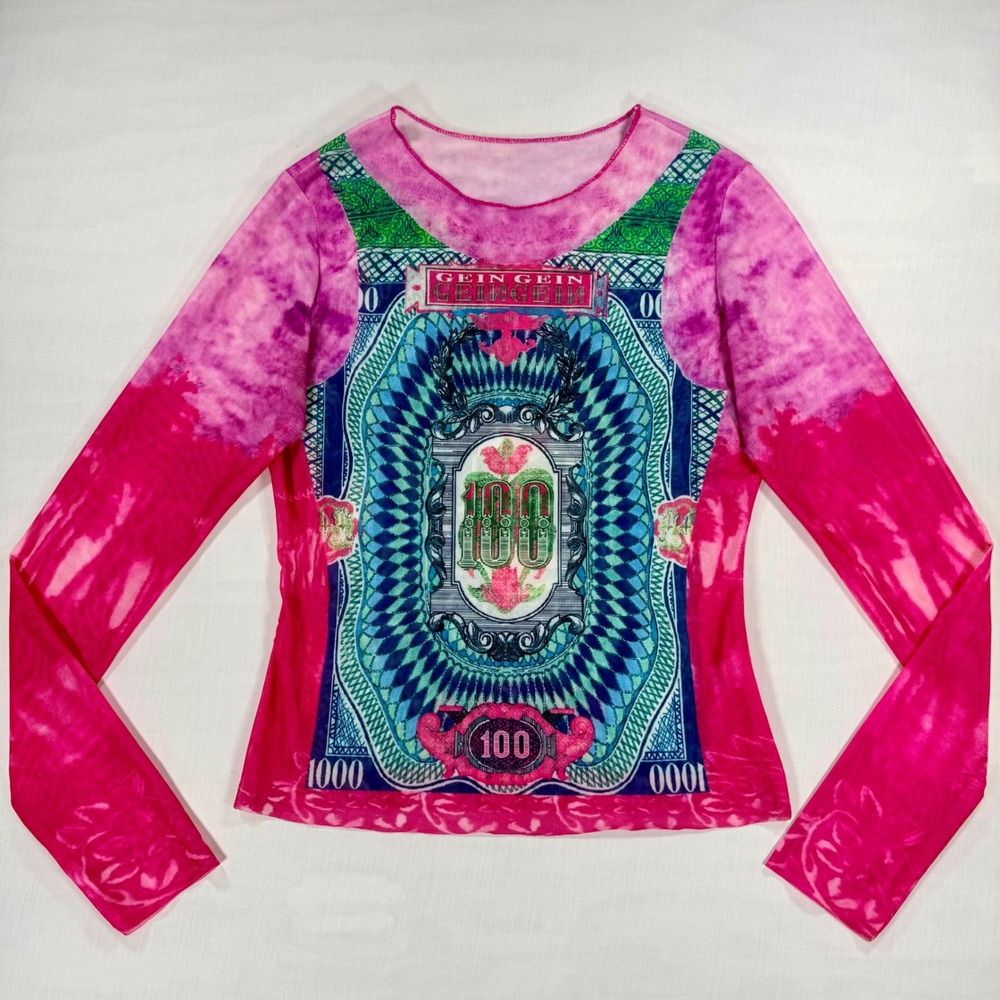 Y2K Mesh Long Sleeve Graphic Top Pink Tie Dye Dollar Currency Banknote JPG Style